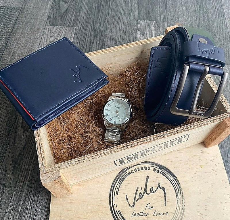 COMPRE 2 Y LLÉVATE 3 - Super Combo Vélez: Cartera de Cuero + Cinturón de Cuero y Llévate un Reloj de Regalo en caja