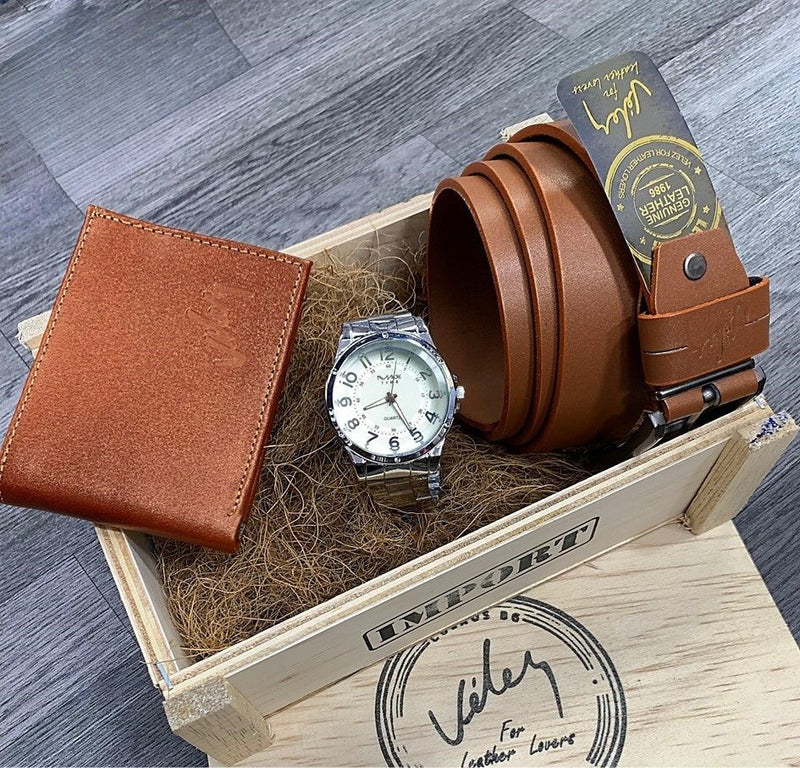 COMPRE 2 Y LLÉVATE 3 - Super Combo Vélez: Cartera de Cuero + Cinturón de Cuero y Llévate un Reloj de Regalo en caja